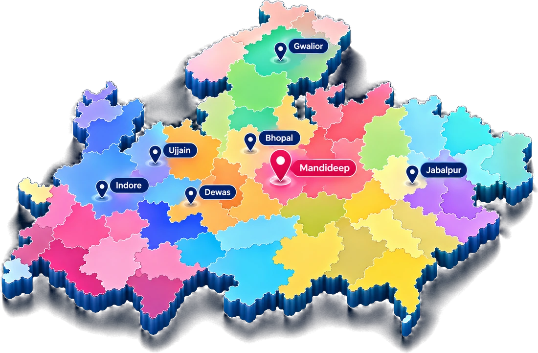 Map of Madhya Pradesh with LAO's launch city Mandideep pinned, alongside nearby cities Bhopal, Indore, Gwalior, Jabalpur, Ujjain and Dewas